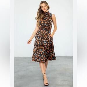 THML Floral Midi Dress - Black and Orange